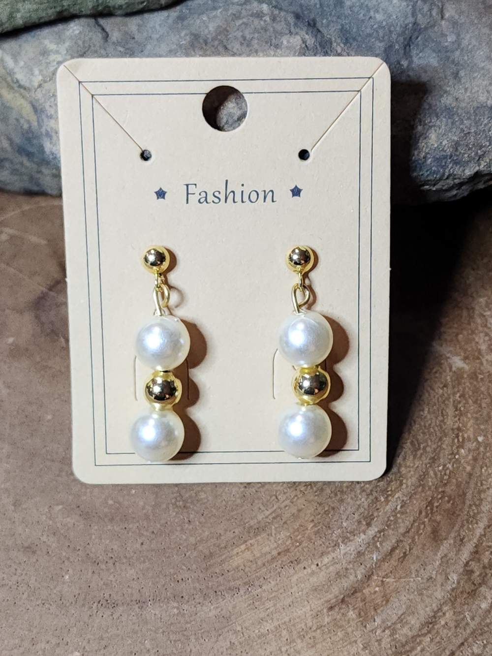 Elegant Drop Earrings With White Faux Pearls And Gold Toned Bead Accents